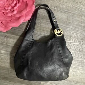 MICHAEL KORS Fulton Pebbled Leather Shoulder Hobo Bag Black Goldtone Hardware